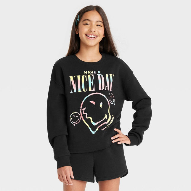 Girls' Smiley Cropped Crewneck Sweatshirt - art class™ Black M