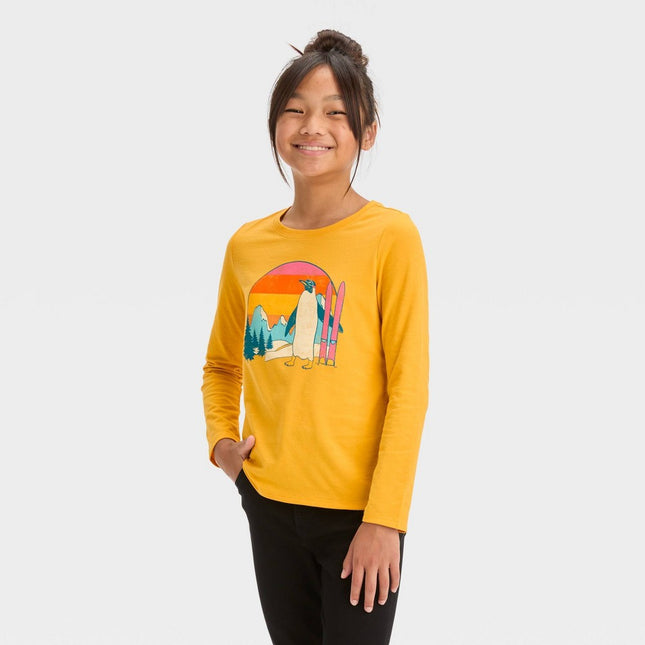 Girls' Long Sleeve 'Penguin' Graphic T-Shirt - Cat & Jack™ Medium Mustard Yellow L