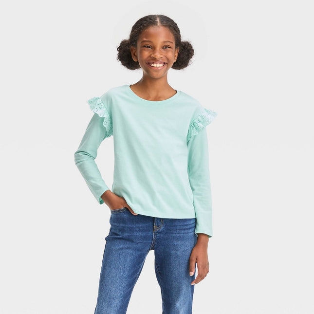 Girls' Long Sleeve Eyelet T-Shirt - Cat & Jack™ Mint Green S