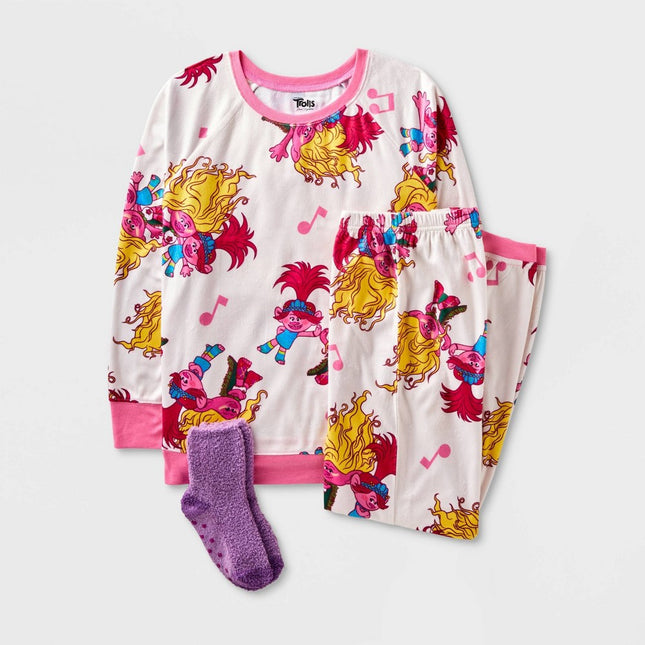 Girls' Trolls Poppy 2pc Pajama Set with Socks - White/Pink/Purple M