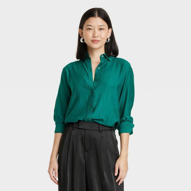 Women's Long Sleeve Button-Down Shirt - A New Day™ Dark Green L