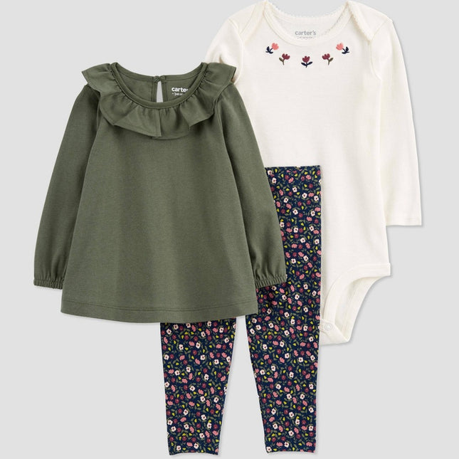Carter's Just One You® Baby Girls' Floral Top & Bottom Set - Olive Green 9M