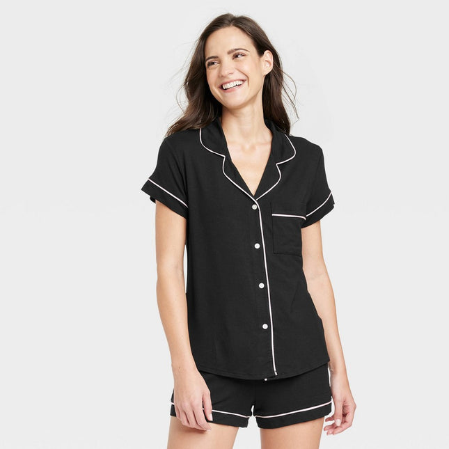 Women's Beautifully Soft Short Sleeve Notch Collar Top and Shorts Pajama Set - Stars Above™ Black S