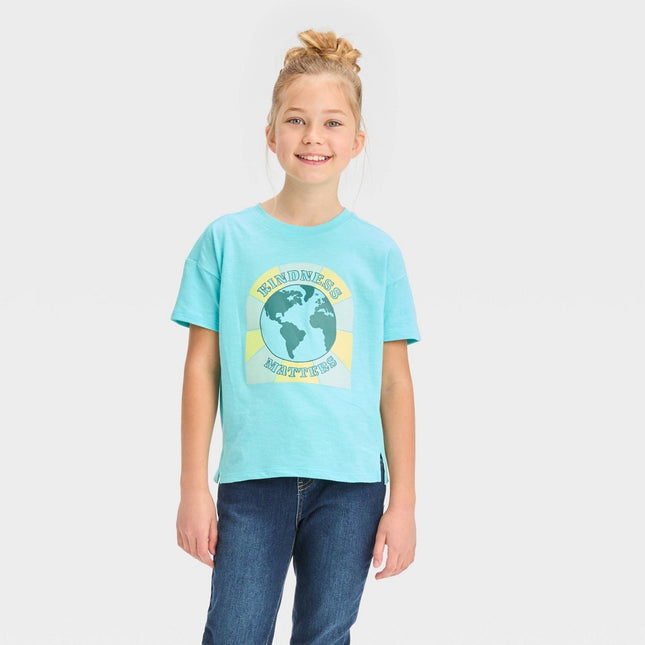 Girls' Short Sleeve 'Kindness Matters' Graphic T-Shirt - Cat & Jack™ Light Turquoise Blue XS