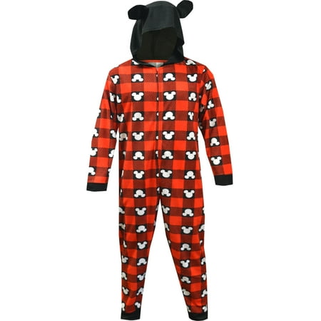 Briefly Stated Men s Disney Mickey Mouse Ears Plaid Holiday Men s Hooded Onesie (Medium)