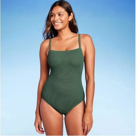 Women's Pucker Textured Square Neck High Coverage One Piece Swimsuit - Kona Sol™ Dark Green M