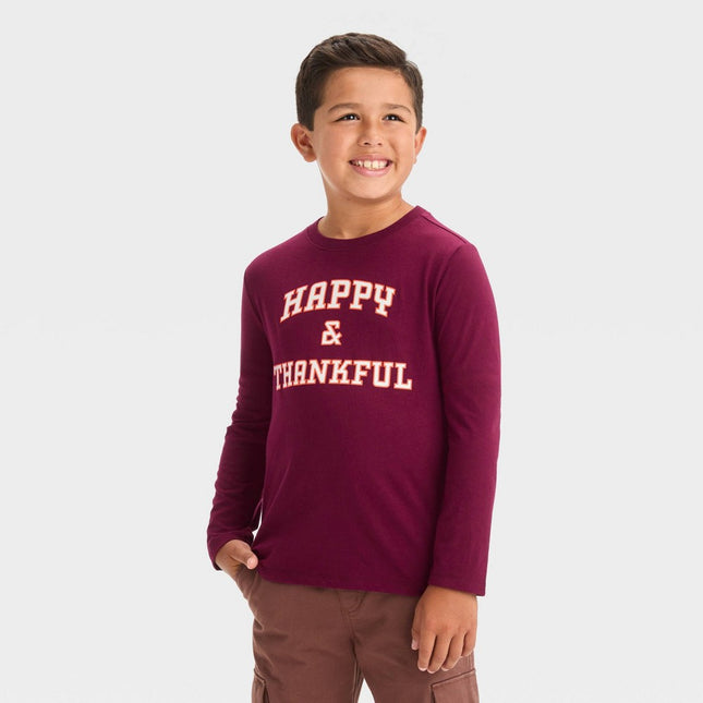 Boys' Long Sleeve Thanksgiving 'Happy & Thankful' Graphic T-Shirt - Cat & Jack™ Burgundy XL