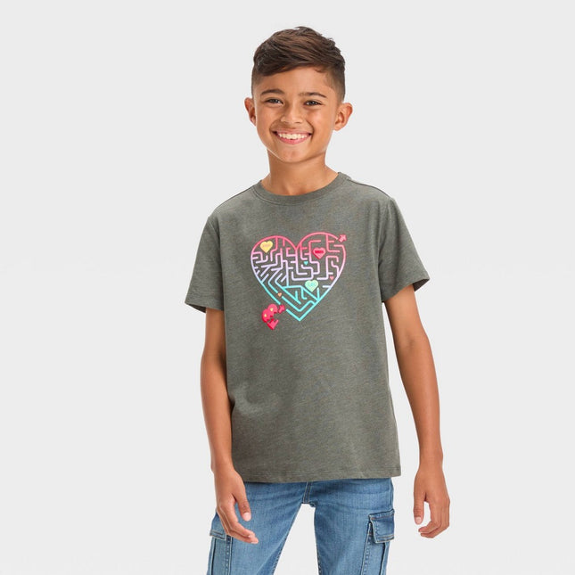 Boys' Short Sleeve Valentine's Day Heart Maze Graphic T-Shirt - Cat & Jack™ Charcoal Gray S
