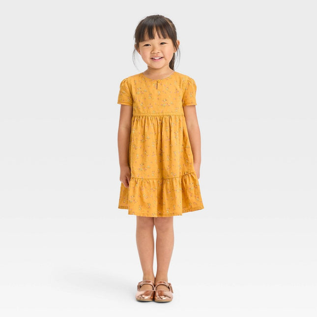 OshKosh B'gosh Toddler Girls' Floral Lace Trim Short Sleeve Dress - Mustard Yellow 4T