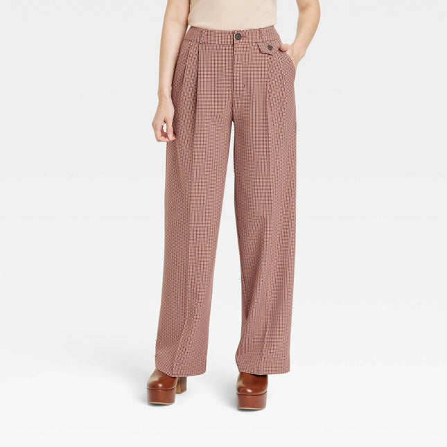 Women's High-Rise Relaxed Fit Full Length Baggy Wide Leg Trousers - A New Day™ Brown Plaid 6