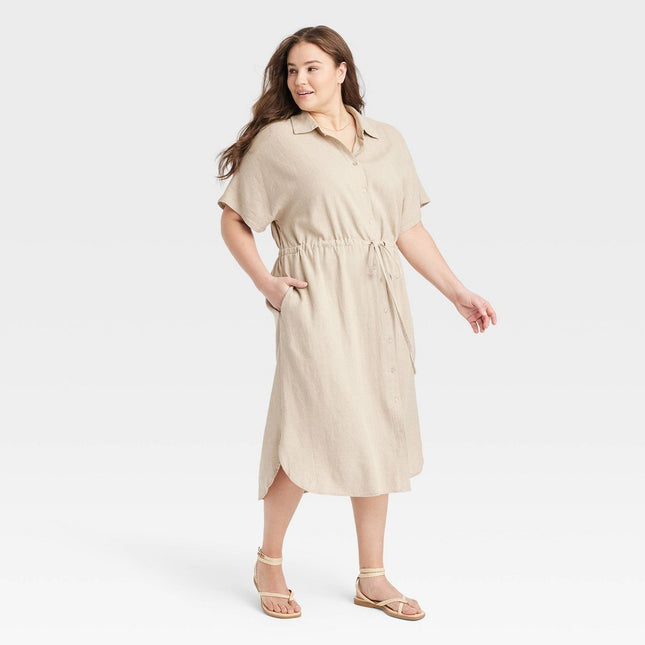Women's Short Sleeve Linen Midi Shirtdress - A New Day™ Tan XXL