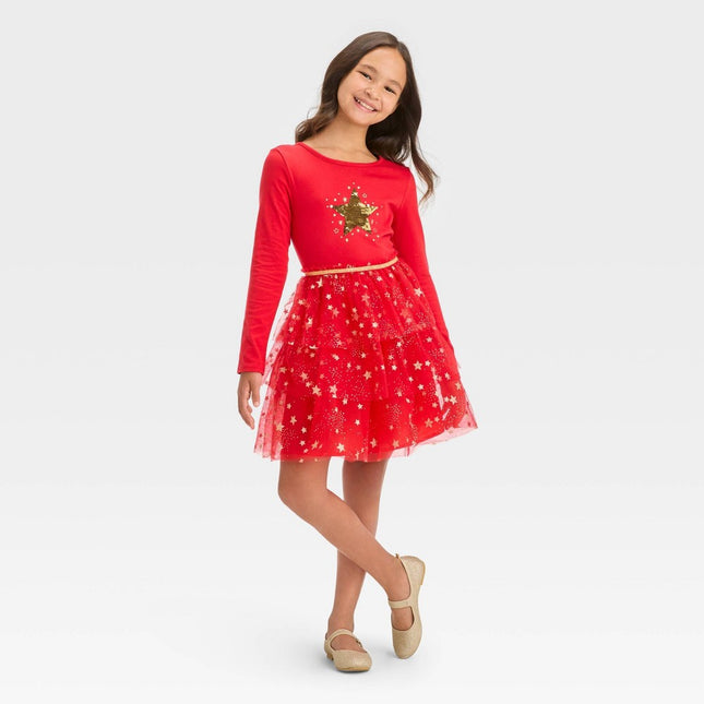 Girls' Long Sleeve Star Tiered Tulle Dress - Cat & Jack™ Red M