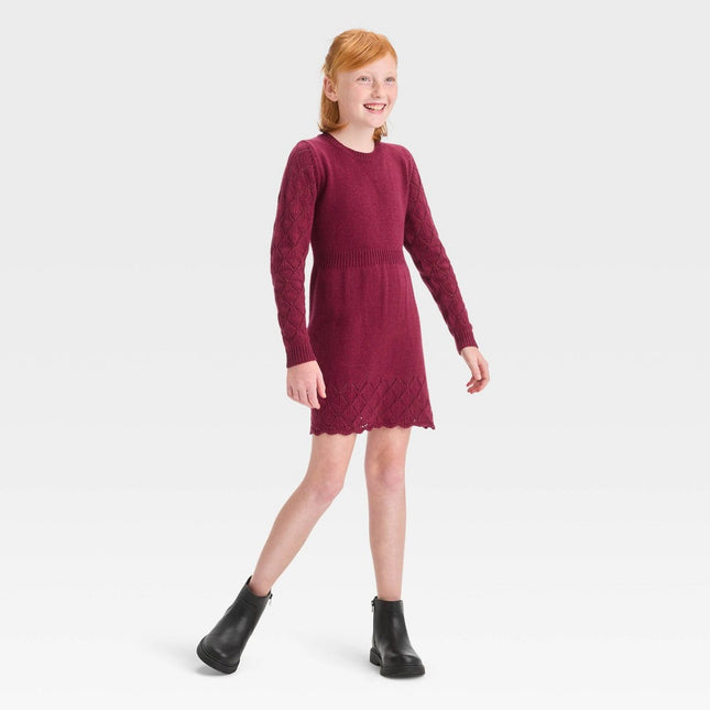 Girls' Crochet Long Sleeve Sweater Dress - Cat & Jack™ Burgundy S