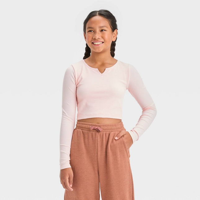 Girls' Long Sleeve Notch Neck Seamless T-Shirt - art class™ Light Pink L