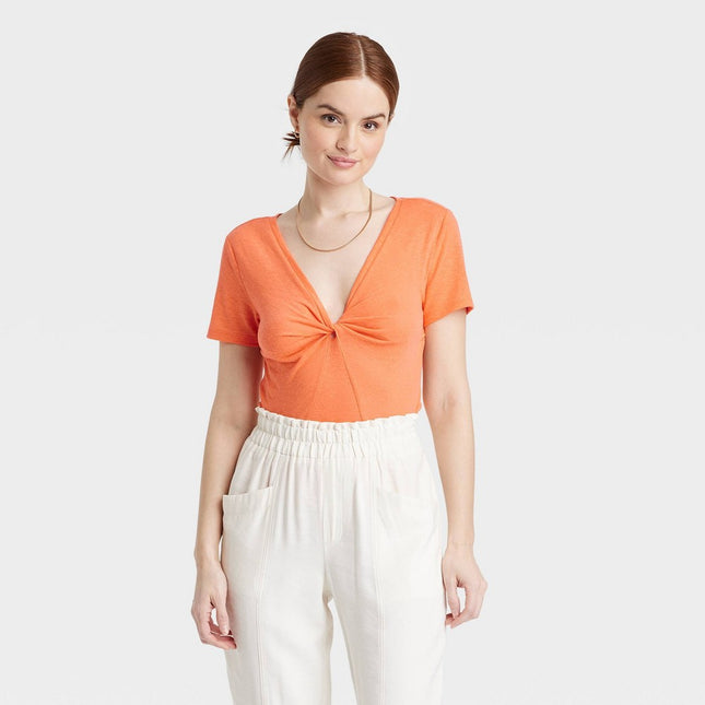 Women's Short Sleeve V-Neck Linen T-Shirt - A New Day™ Orange L