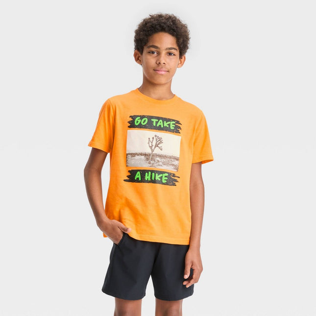 Boys' Short Sleeve 'Go Take A Hike' Graphic T-Shirt - All in Motion™ Light Orange M