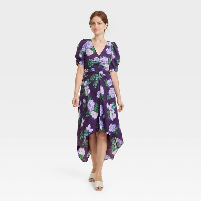 Women's Crepe Short Sleeve Midi Dress - A New Day™ Navy Floral XS
