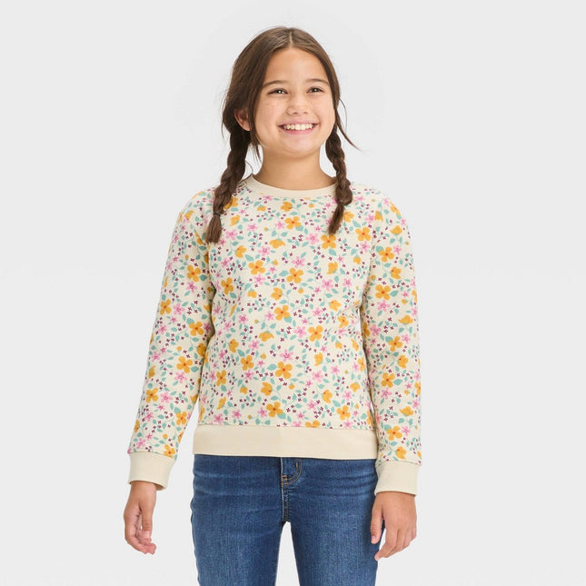 Girls' Crewneck Fleece Floral Pullover Sweatshirt - Cat & Jack™ Ivory S