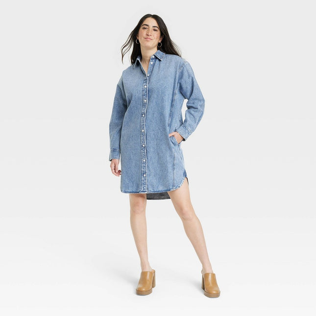 Women's Long Sleeve Denim Mini Shirtdress - Universal Thread™ Blue XS