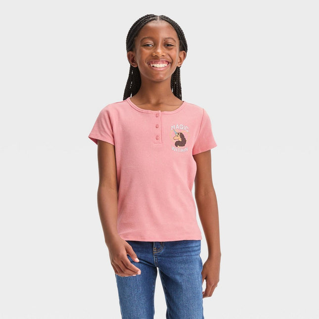 Girls' Afro Unicorn Henley Short Sleeve Graphic T-Shirt - Pink XL