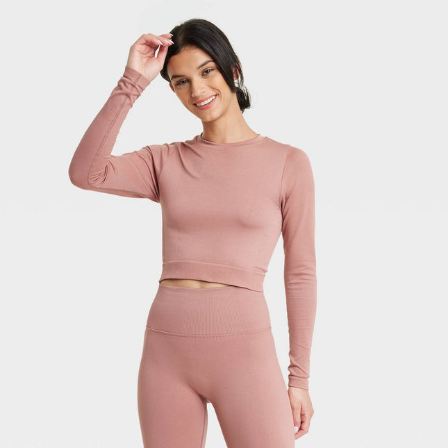 Women's Seamless Long Sleeve Crop Top - All in Motion™ Tan XL