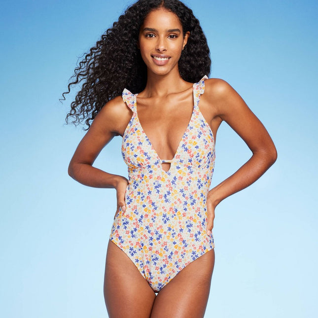 Women's Ruffle Shoulder Plunge One Piece Swimsuit - Shade & Shore™ Ditsy Floral Print S