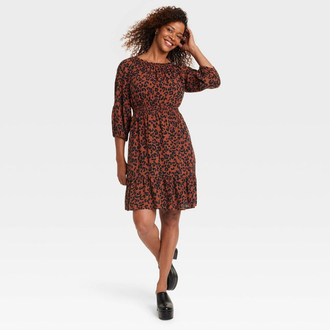 Women's Long Sleeve Smocked A-Line Dress - Knox Rose™ Dark Brown Leopard Print L