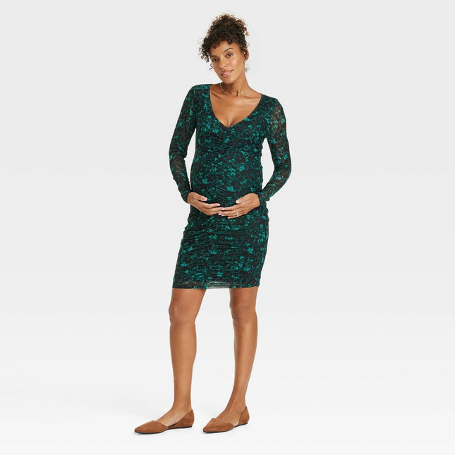 Long Sleeve Mesh Mini Maternity Bodycon Dress - Isabel Maternity by Ingrid & Isabel™ Green Floral L