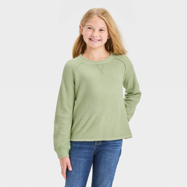 Girls' Cozy Waffle Pullover - Cat & Jack™ Light Olive Green XS