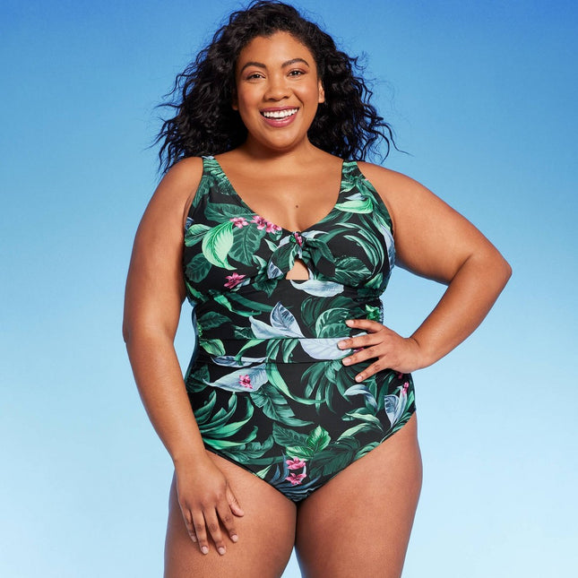 Women's Tropical Print Full Coverage Tummy Control Tie-Front One Piece Swimsuit - Kona Sol™ Multi 