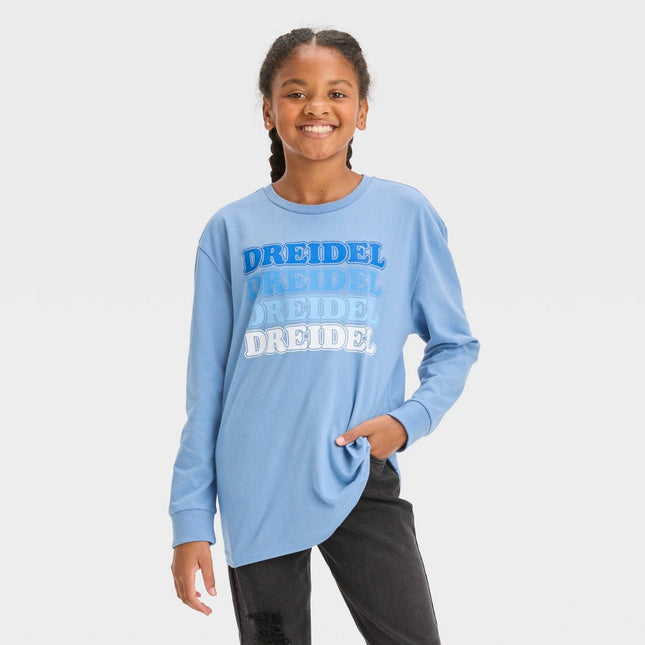 Girls' Long Sleeve Oversized 'Dreidel' Graphic T-Shirt - art class™ Blue L