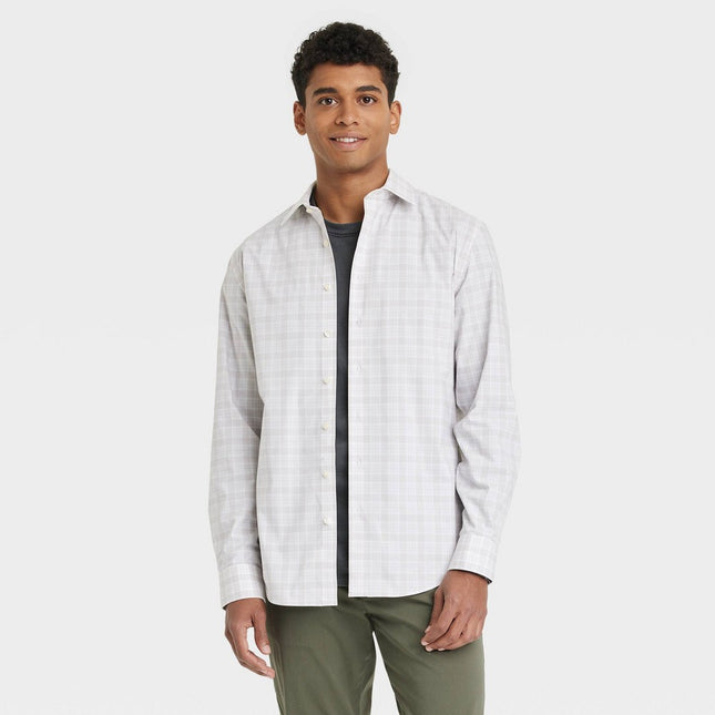 Men's Standard Fit Long Sleeve Checked Collared Button-Down Shirt - Goodfellow & Co™ Silver L