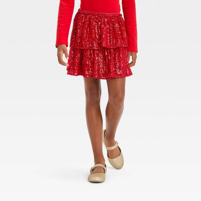 Girls' Tiered Sequin Holiday Skirt - Cat & Jack™ Red S