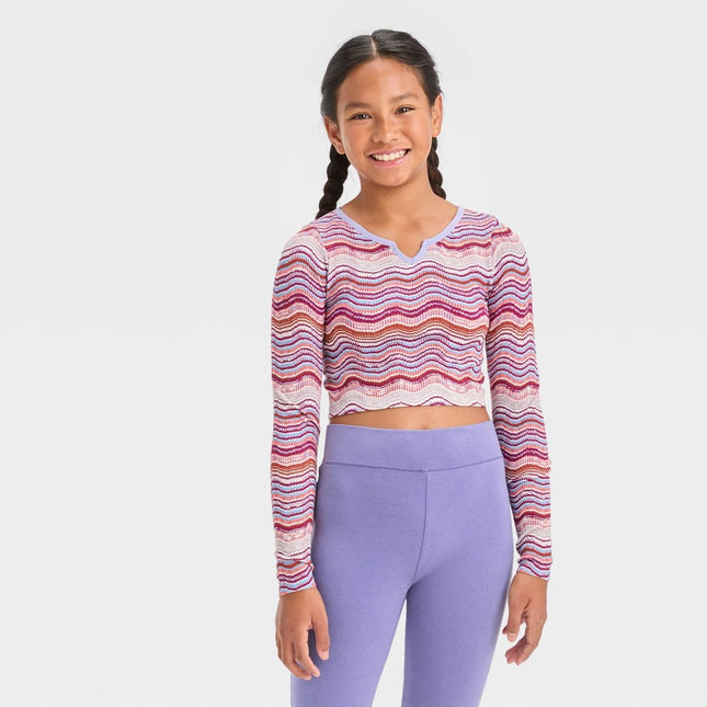 Girls' Long Sleeve Notch Neck Seamless T-Shirt - art class™ Light Purple L
