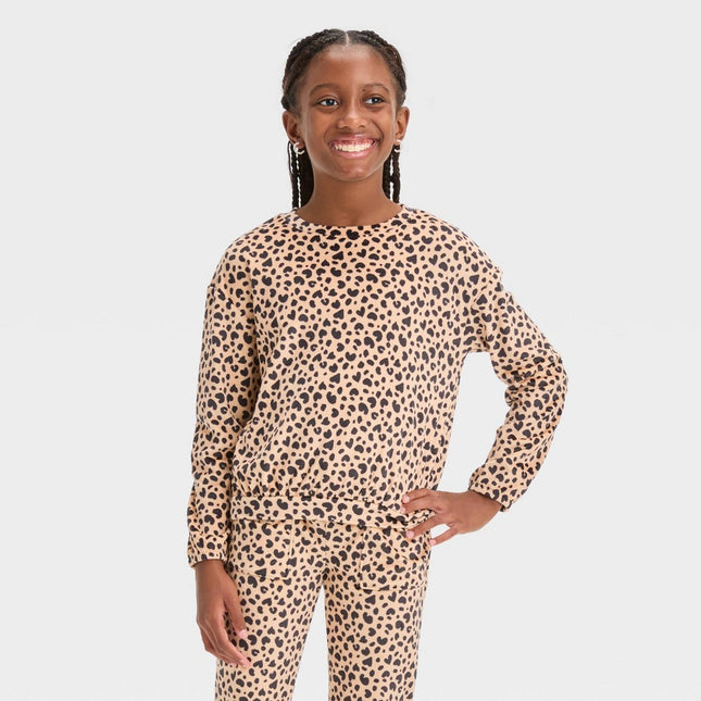 Girls' Microfleece Leopard Print Pullover Sweatshirt - Cat & Jack™ Beige M