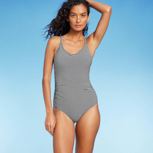 Women's Textured Gingham Ruched Full Coverage One Piece Swimsuit - Kona Sol™ Black L