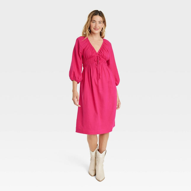 Women's Tie-Front Puff 3/4 Sleeve Midi Dress - Universal Thread™ Pink XS