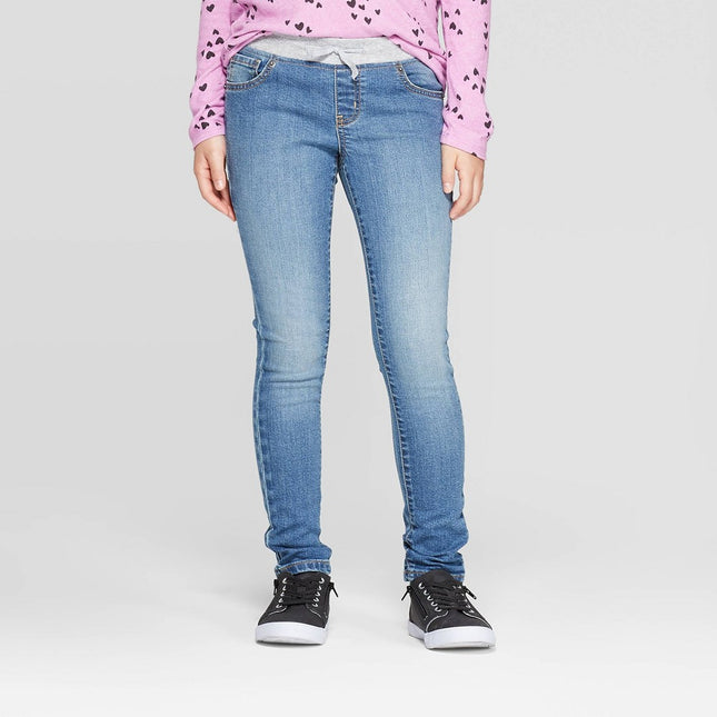 Girls' Mid-Rise Knit Waist Pull-On Skinny Jeans - Cat & Jack™ Medium Wash 16