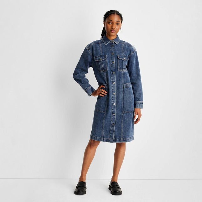Women's Long Sleeve Button-Up Denim Midi Dress - Future Collective™ with Reese Blutstein Blue Denim S