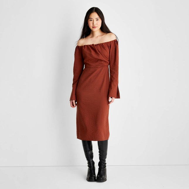 Women's Off the Shoulder Long Sleeve Midi Dress - Future Collective™ with Reese Blutstein Rust 12