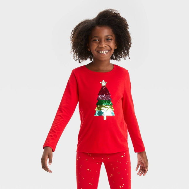 Girls' Long Sleeve Flip Sequin Christmas T-Shirt - Cat & Jack™ Red S