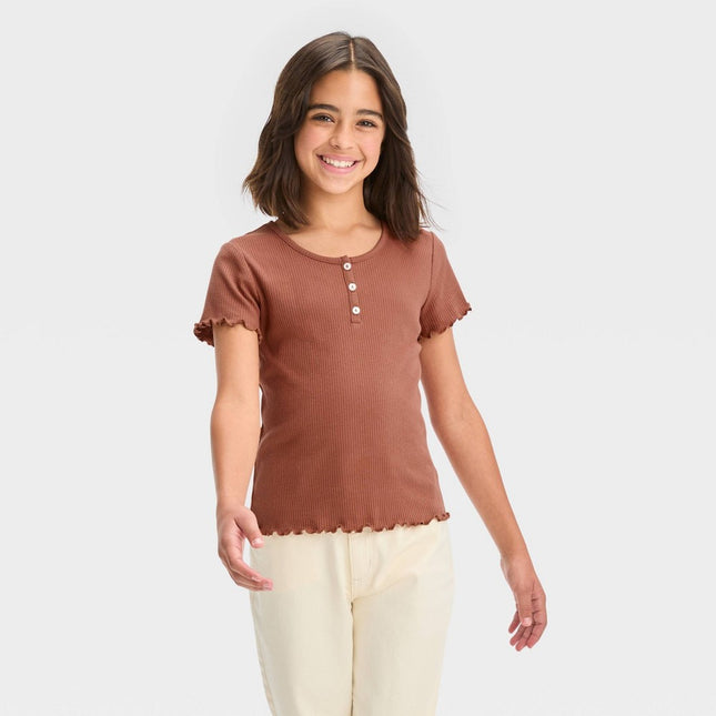 Girls' Short Sleeve Henley T-Shirt - art class™ Brown M