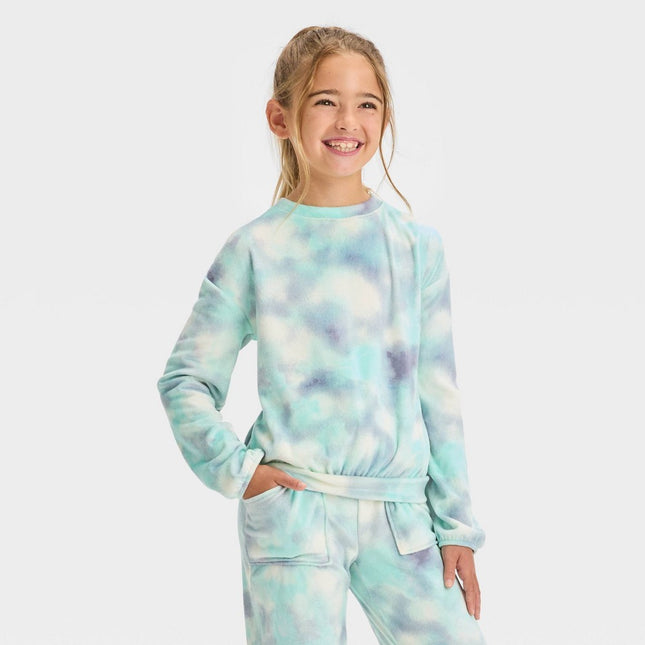 Girls' Microfleece Tie-Dye Pullover Sweatshirt - Cat & Jack™ Aqua Blue M