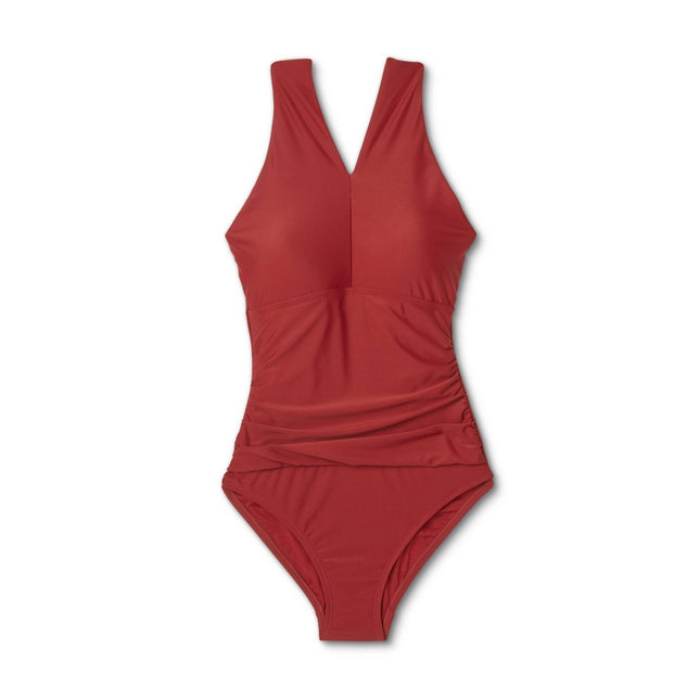 Women's Ring Crossover Ruched Full Coverage One Piece Swimsuit - Kona Sol™ Red M