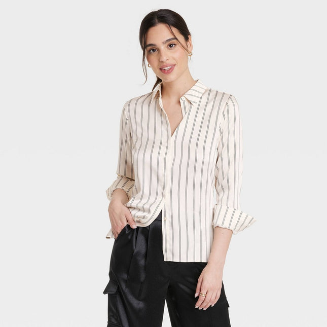 Women's Long Sleeve Button-Front Shirt - A New Day™ Cream Striped XL