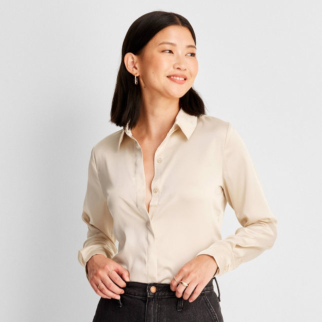 Women's Long Sleeve Button-Front Shirt - A New Day™ Cream M