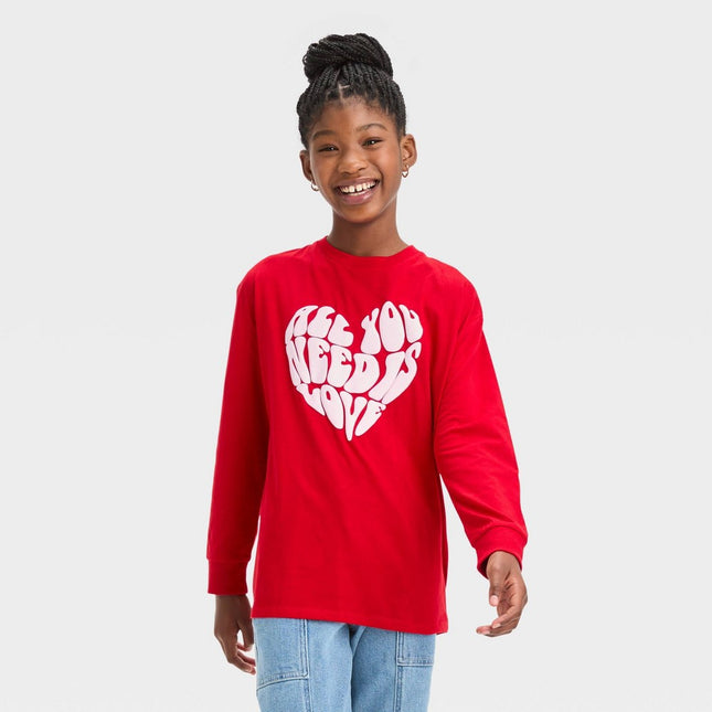 Girls' Long Sleeve Oversized 'All You Need is Love' Graphic T-Shirt - art class™ Red XL