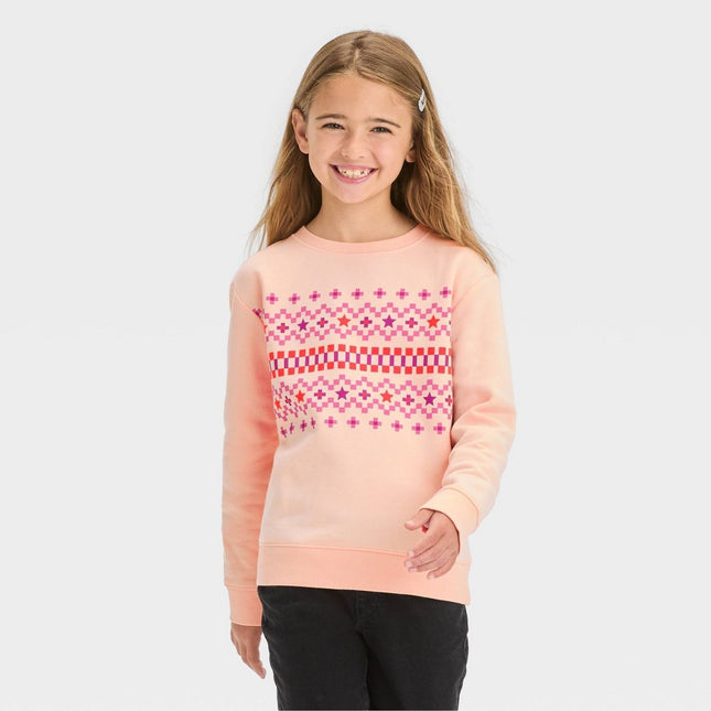 Girls' Crewneck 'Fair Isle' Fleece Pullover Sweatshirt - Cat & Jack™ Peach L