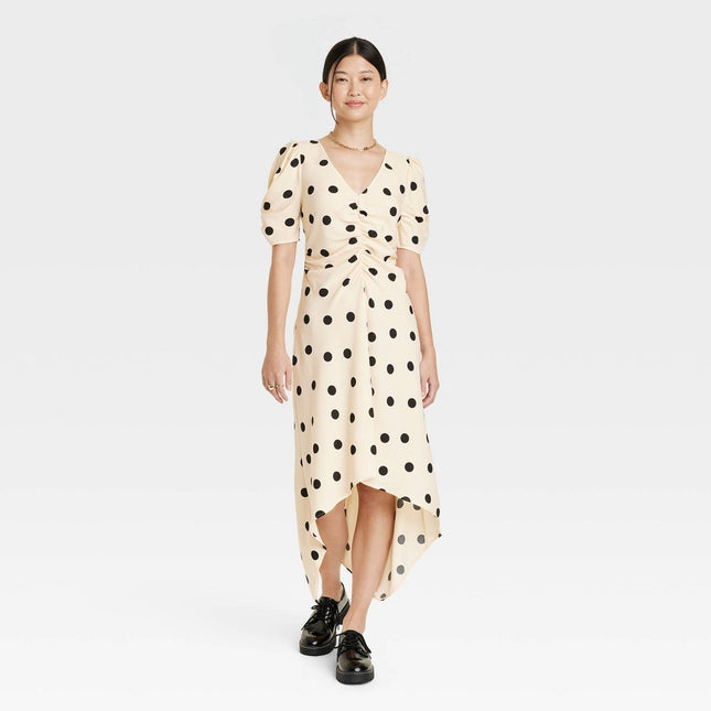 Women's Crepe Short Sleeve Midi Dress - A New Day™ Beige Polka Dots XS