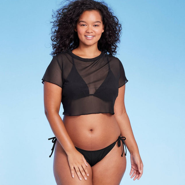 Women's Mesh Cover Up Short Sleeve Crop Top - Wild Fable™ Black XS
